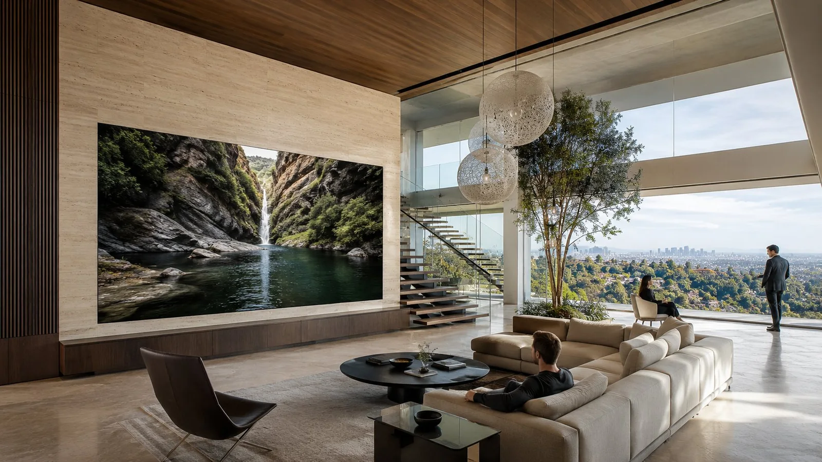 Daylight: a larger custom architectural MicroLED-class display in an open double-height luxury living room.