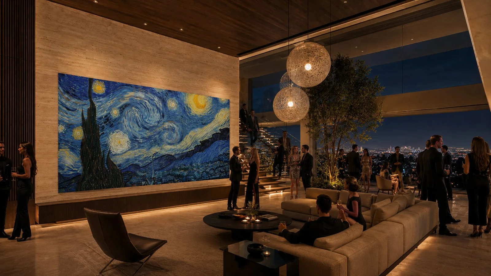 Evening: a larger custom architectural MicroLED-class display showing artwork during an evening gathering in a luxury interior.