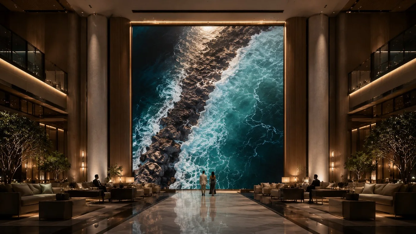 Architectural display environment for a hospitality lounge or lobby interior.